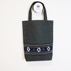 画像1: 見本品 シューズバッグ-ブラックデニム-スモッキング刺繍 (1)