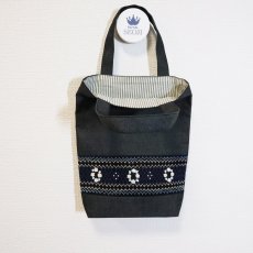 画像2: 見本品 シューズバッグ-ブラックデニム-スモッキング刺繍 (2)